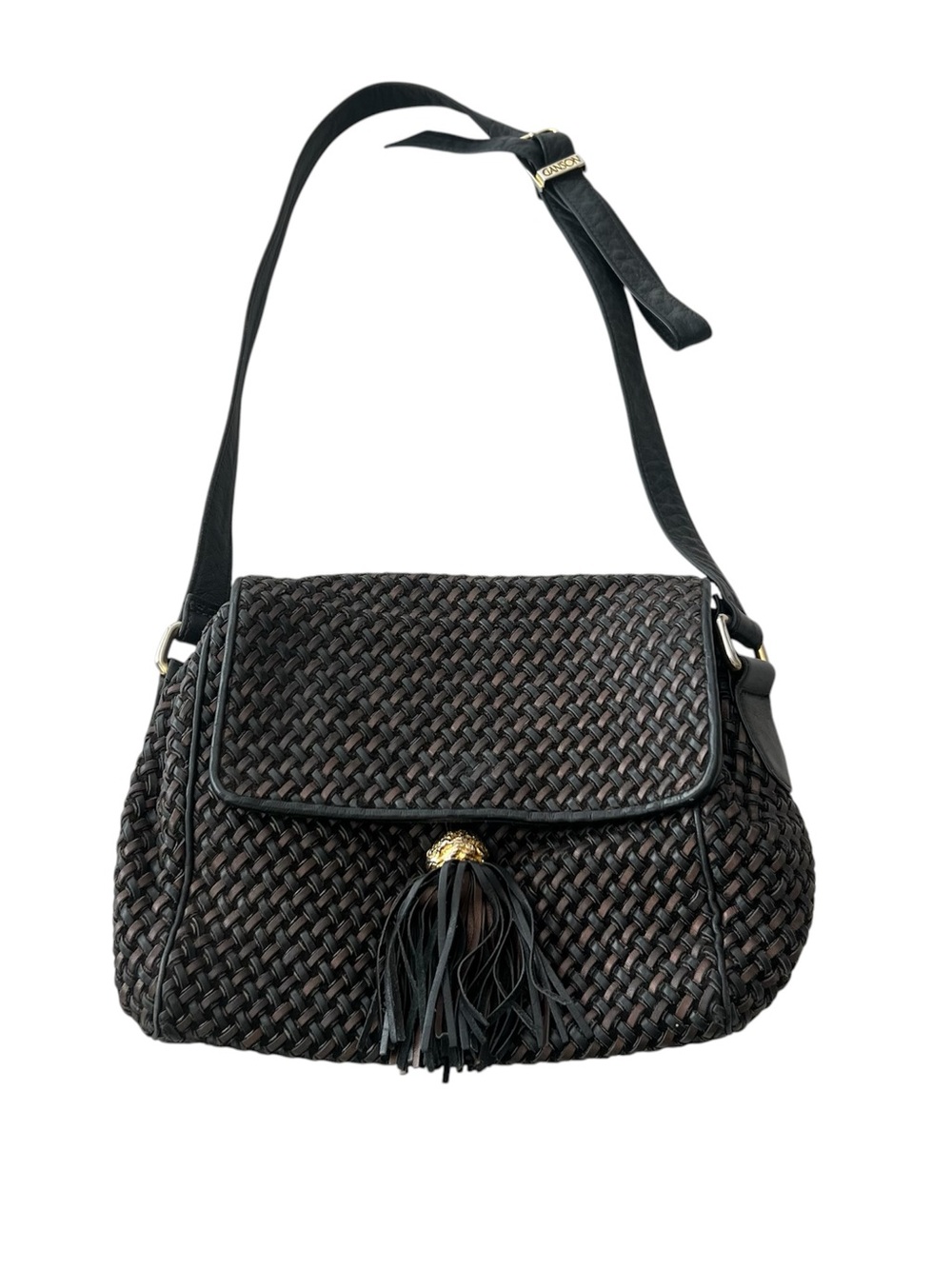 Ganson crossbody bag black brown woven leather gold-toned tassel 90s Retro